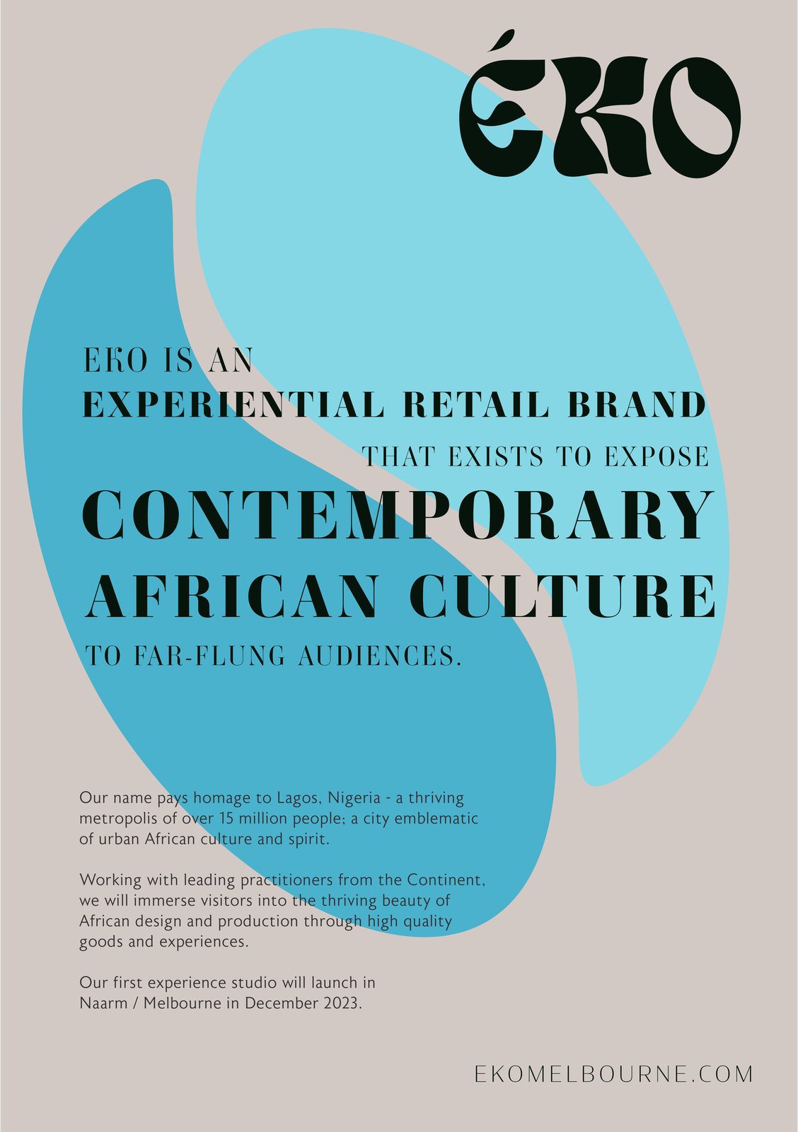 ÉKO Melbourne event flyer, back — brand positioning and details