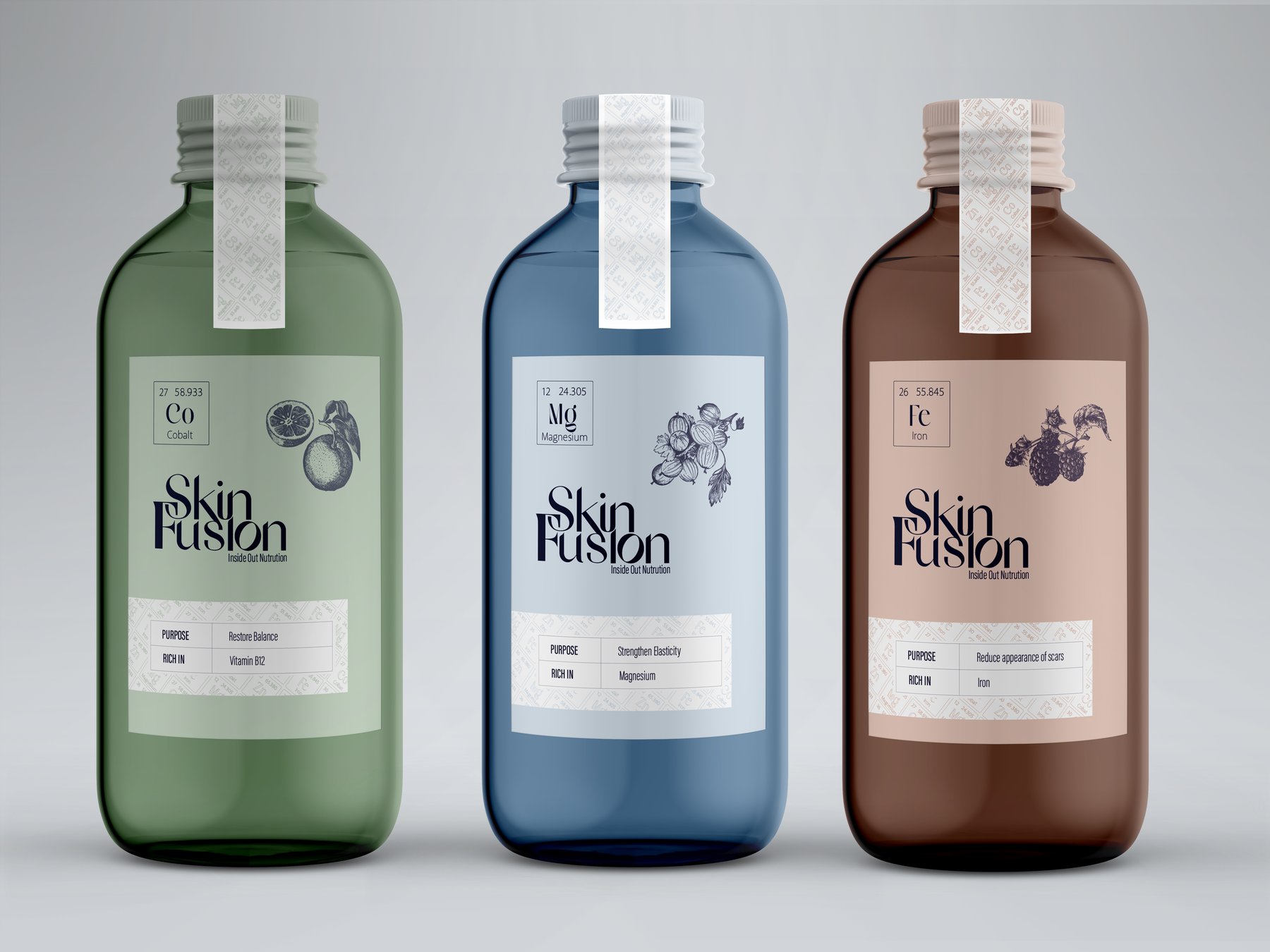 Skin Fusion product range — Cobalt, Magnesium, Iron bottles