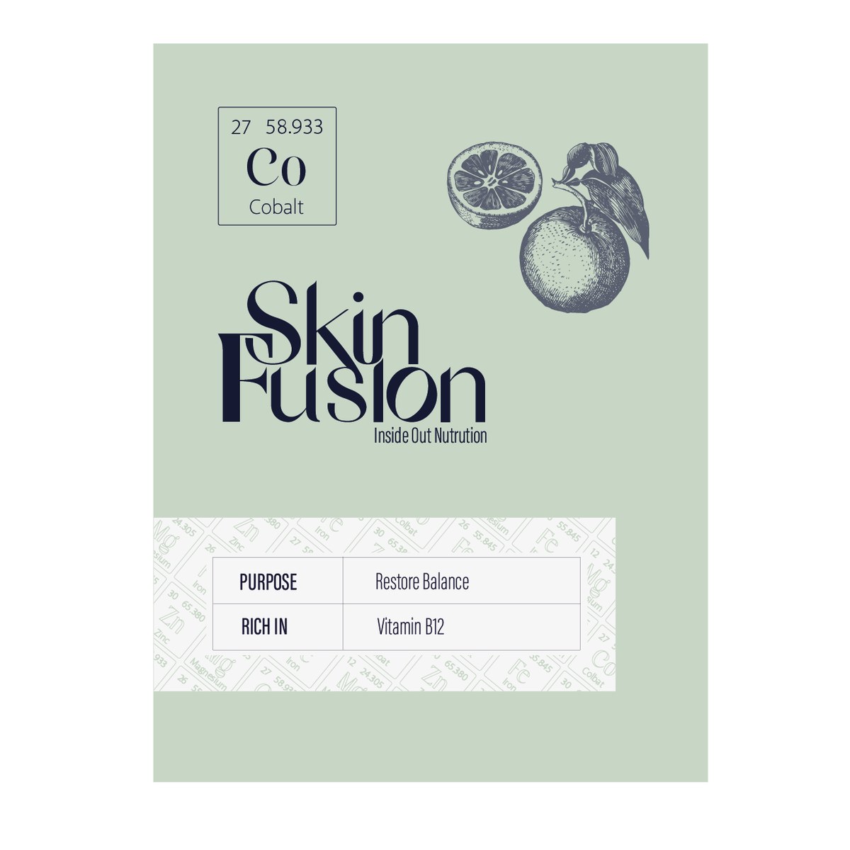 Skin Fusion Cobalt label — Restore Balance, rich in Vitamin B12